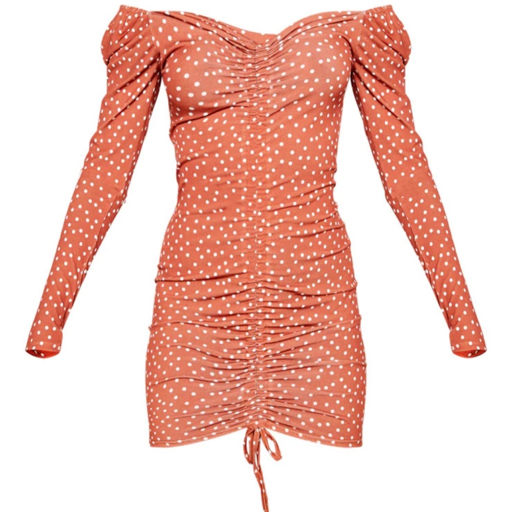 Pretty Little Thing Terracotta Polka Dot Ruched Long Sleeve Bodycon Dress 🧡